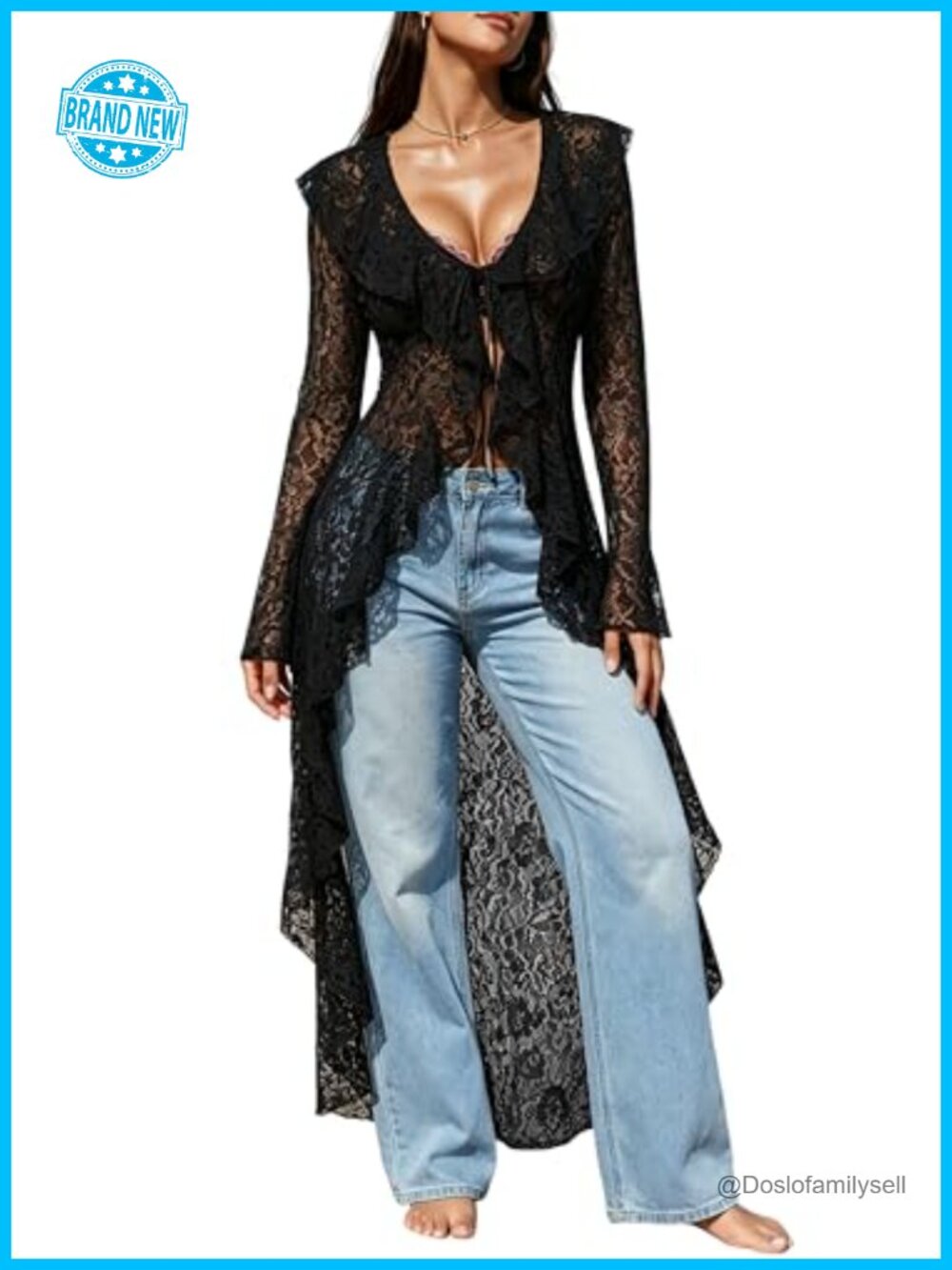 Lace Cardigan Women Bell Long Sleeve Ruffled Collar Tie Front Maxi Duster